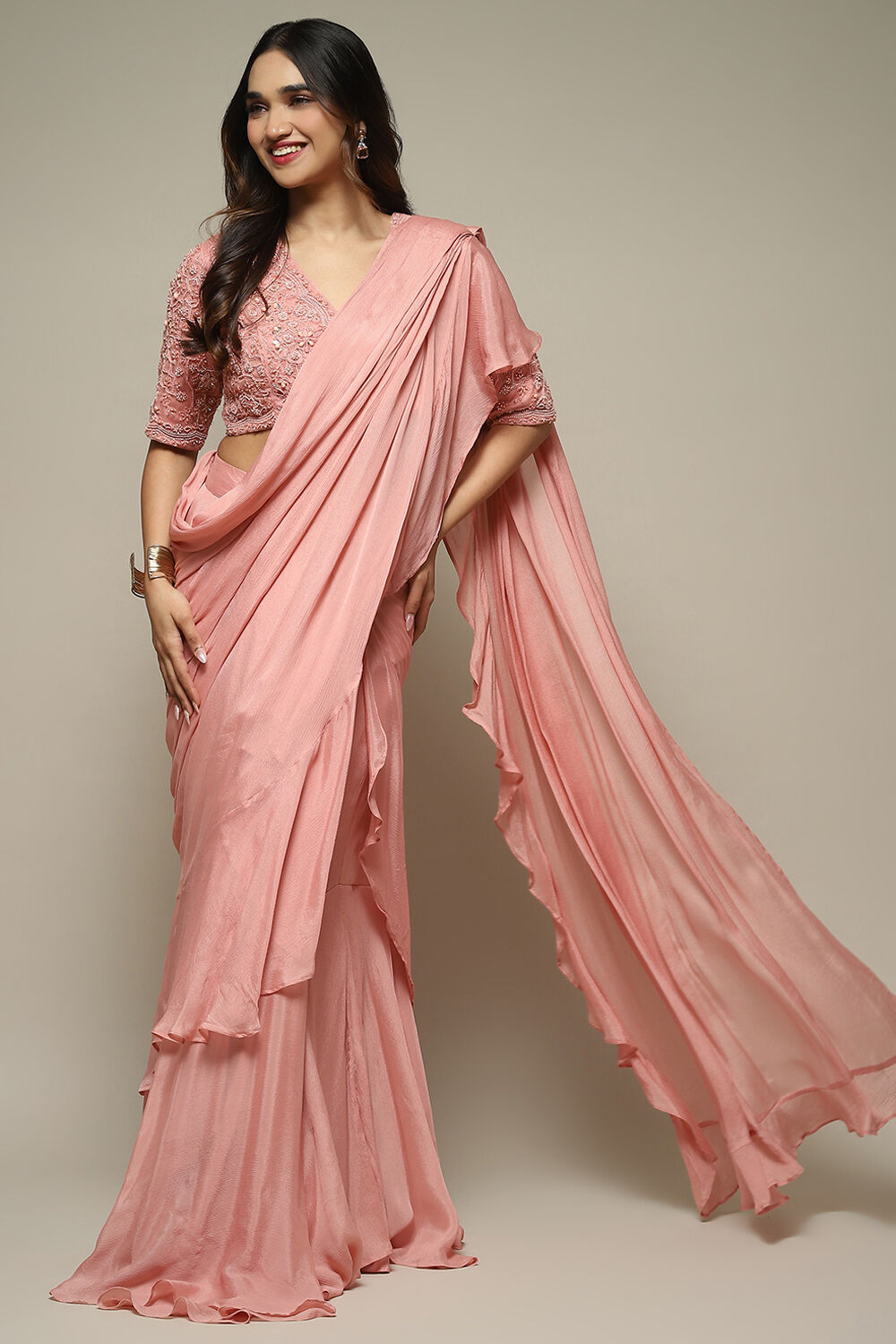 Dusty Pink Pre-Draped Nylon Saree With A Stitched Blouse image number 6