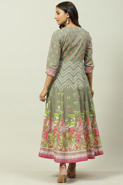 Olive Green Cotton Flared Printed Dress image number 4