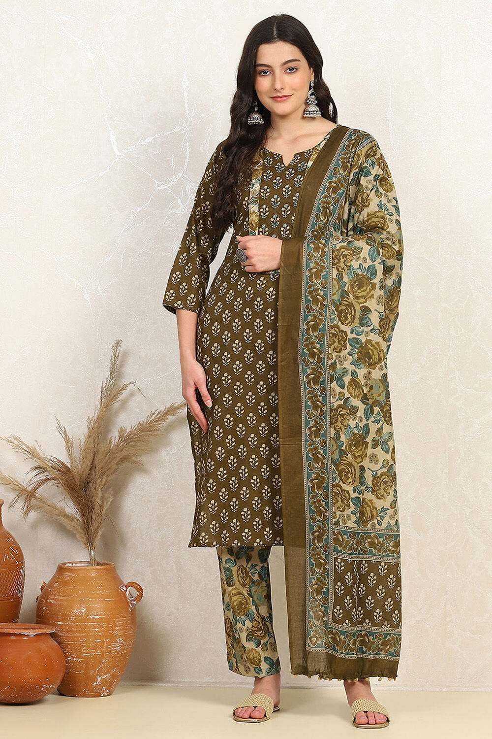 Green Cotton Printed Unstitched Suit Set image number 7