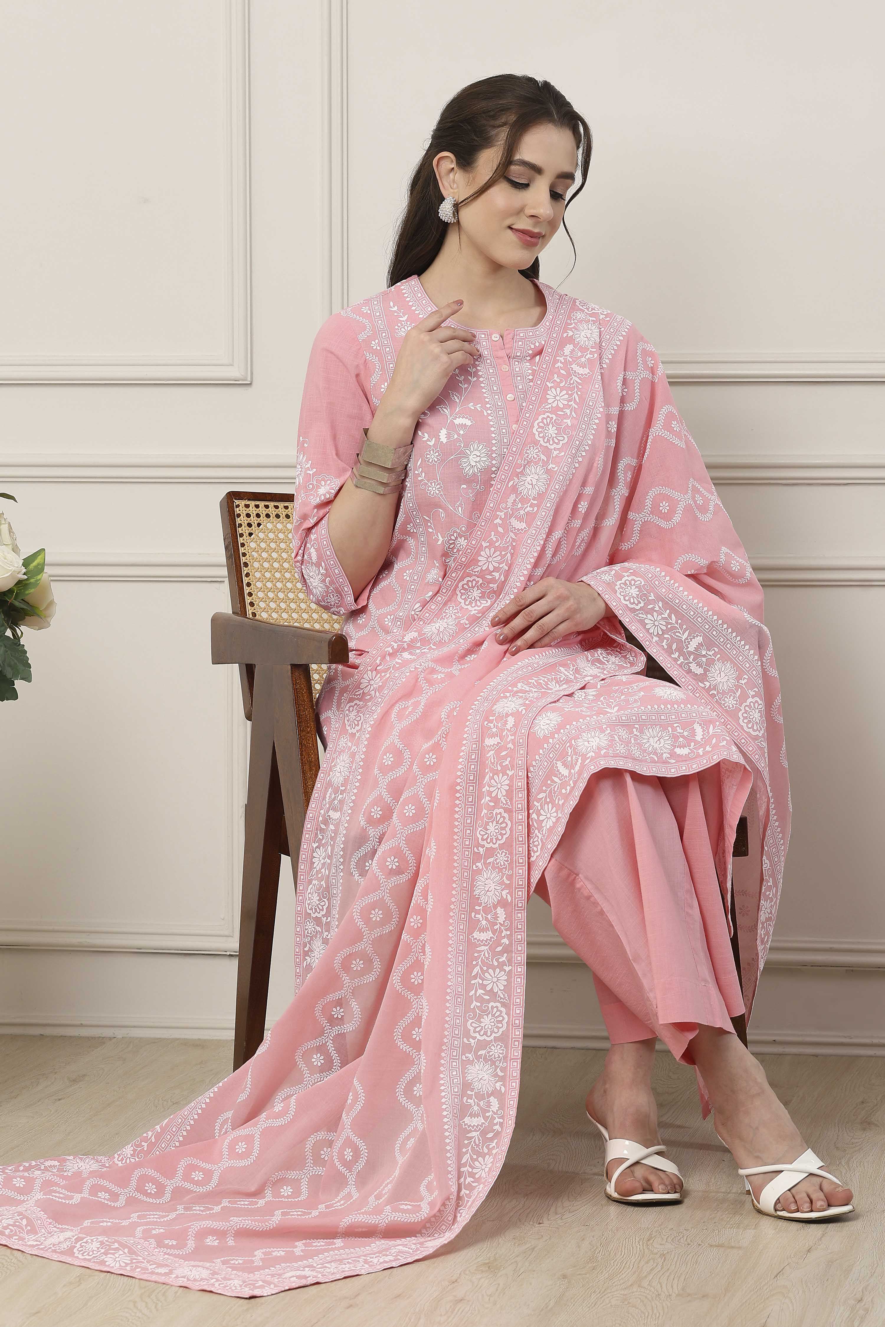 Pink & White Cotton Floral Printed Straight Suit Set image number 0