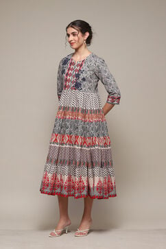 Grey Cotton Tiered Printed Dress image number 2