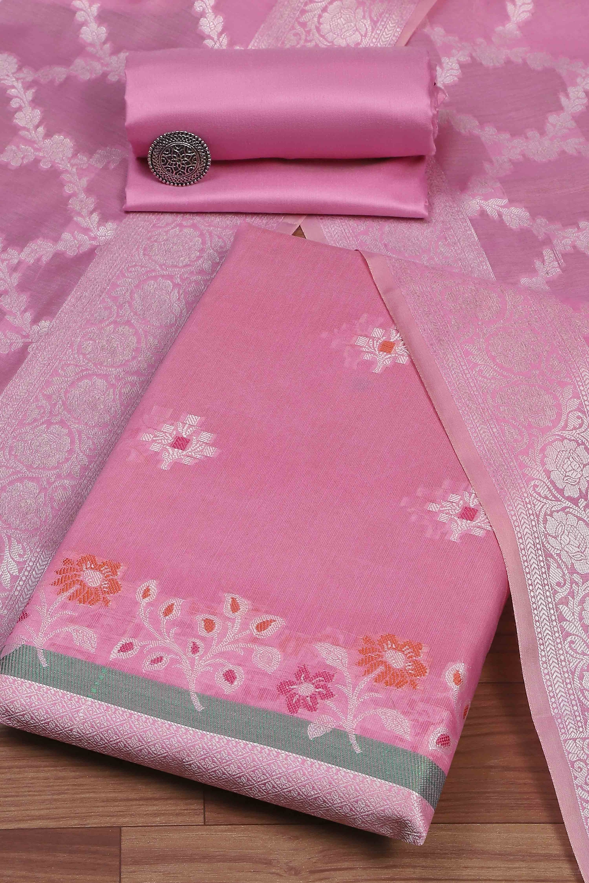 Pink Cotton Printed Embroidered Unstitched Suit Set