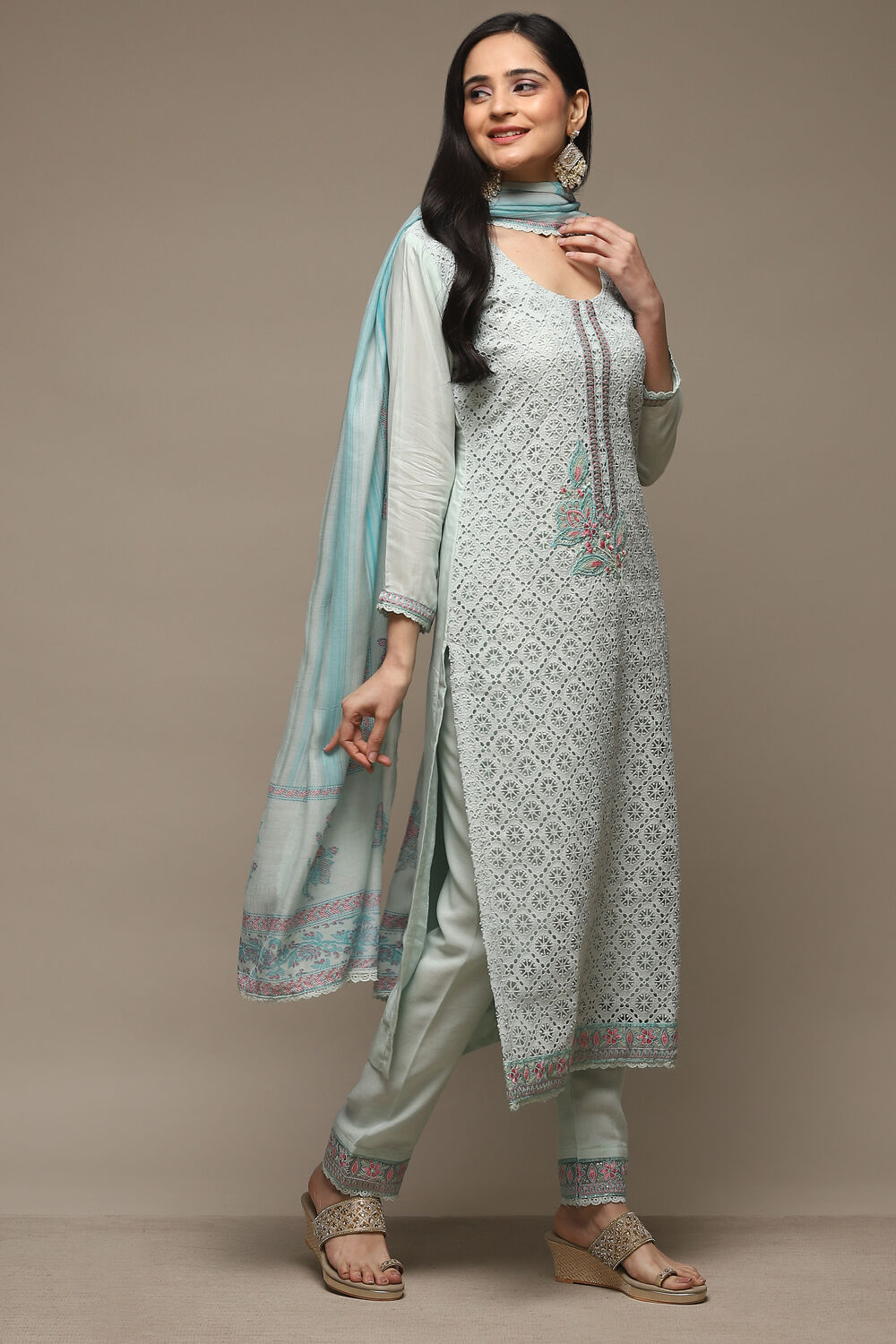 Light Green Muslin Lace Unstitched Suit Set image number 8