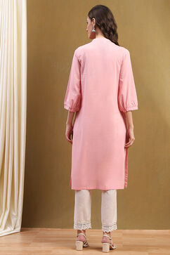 Blush Pink Cotton Solid Regular Fit Straight Kurta image number 3