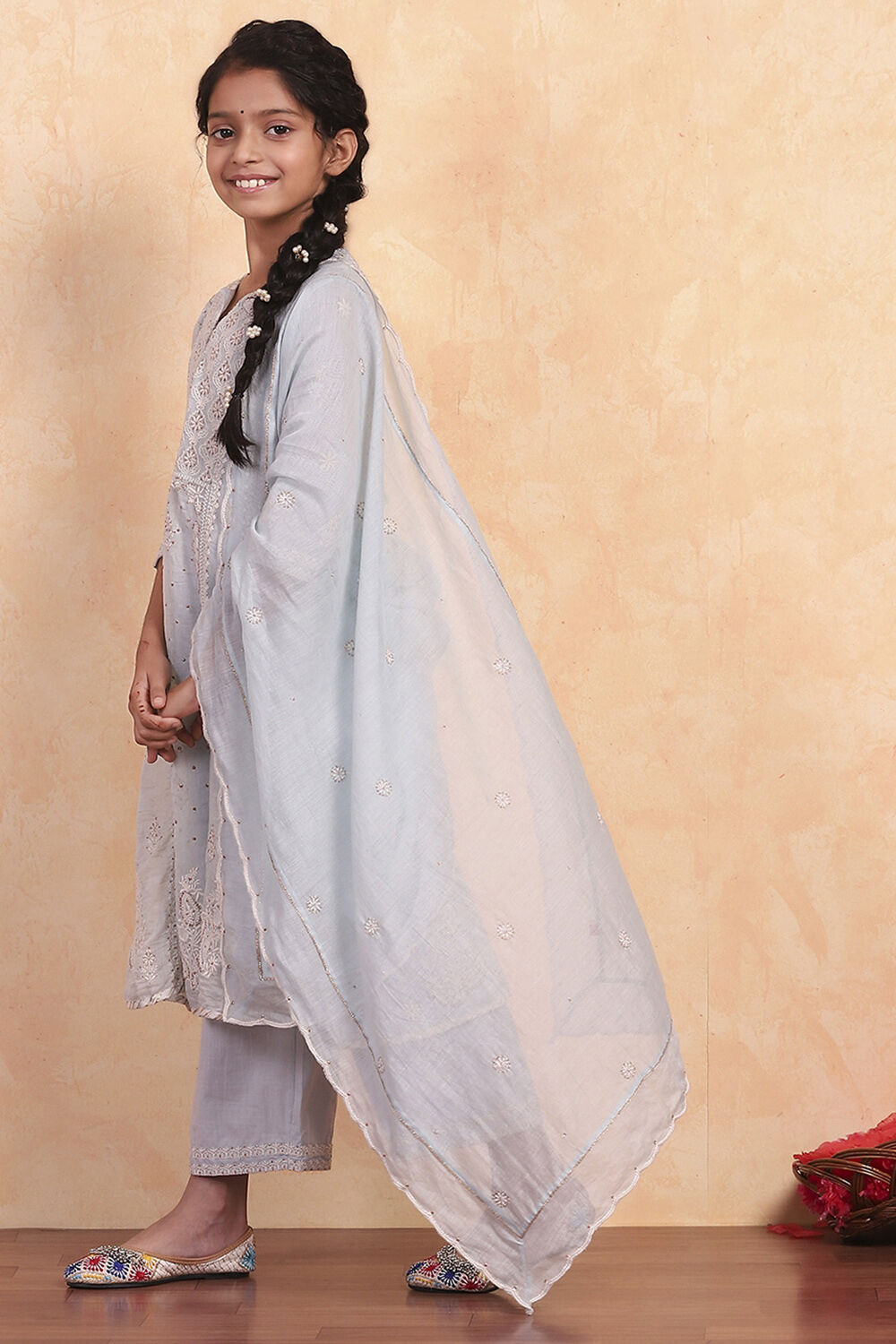 Powder Blue Silk Chanderi Flared Suit Set image number 3