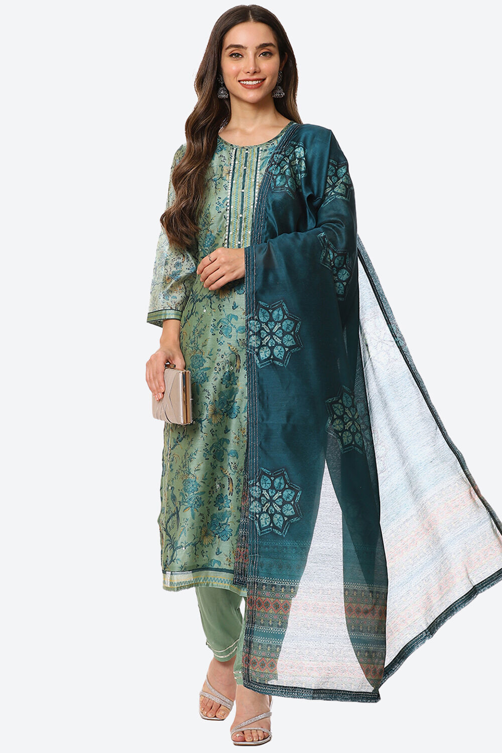 Pink Chanderi Machine Embroidered Unstitched Suit Set image number 7