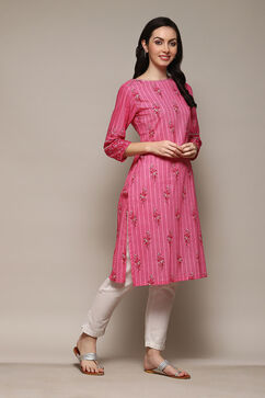 Pink Cotton Straight Printed Kurta image number 3