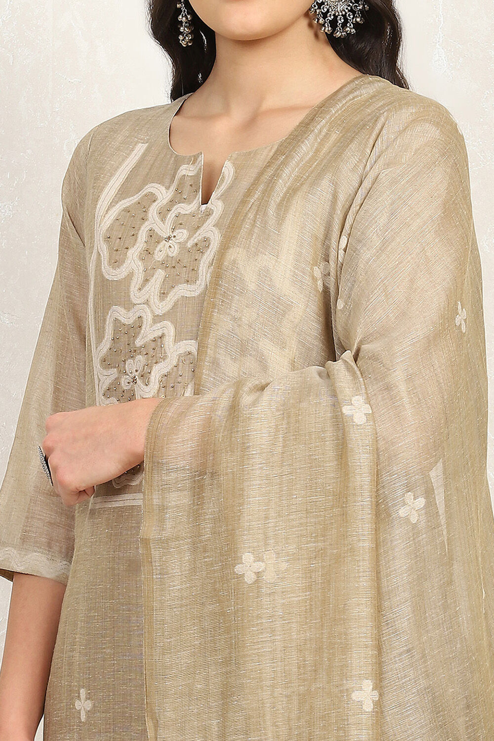 Beige Chanderi Hand Embroidered Unstitched Suit Set image number 2