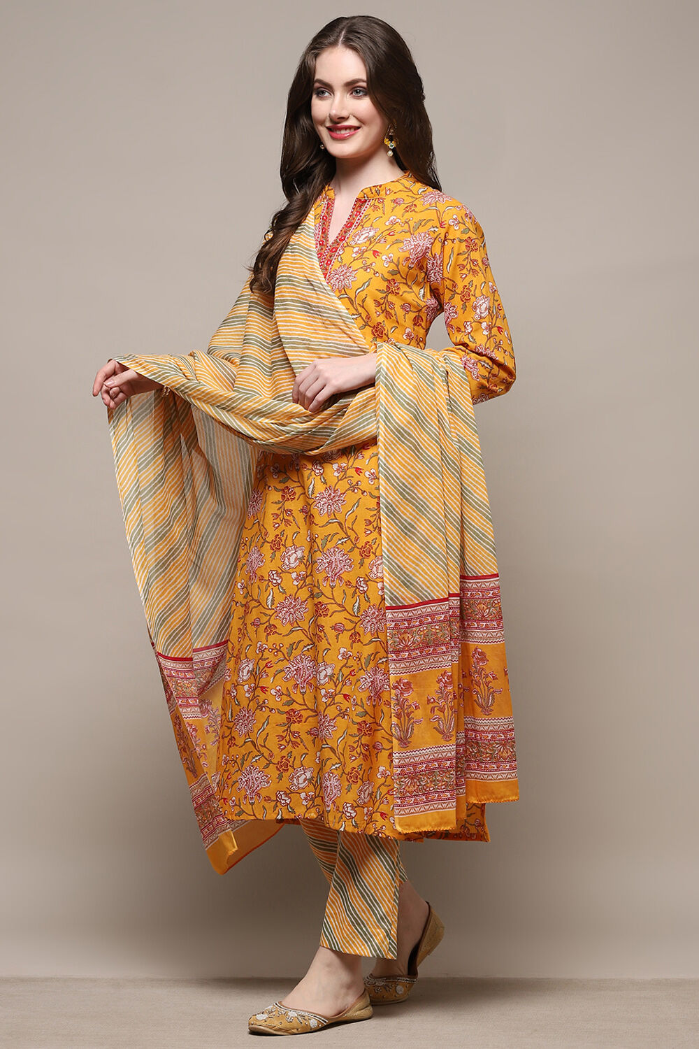 Mustard Yellow Cotton Screen Printed Unstitched Suit Set image number 5