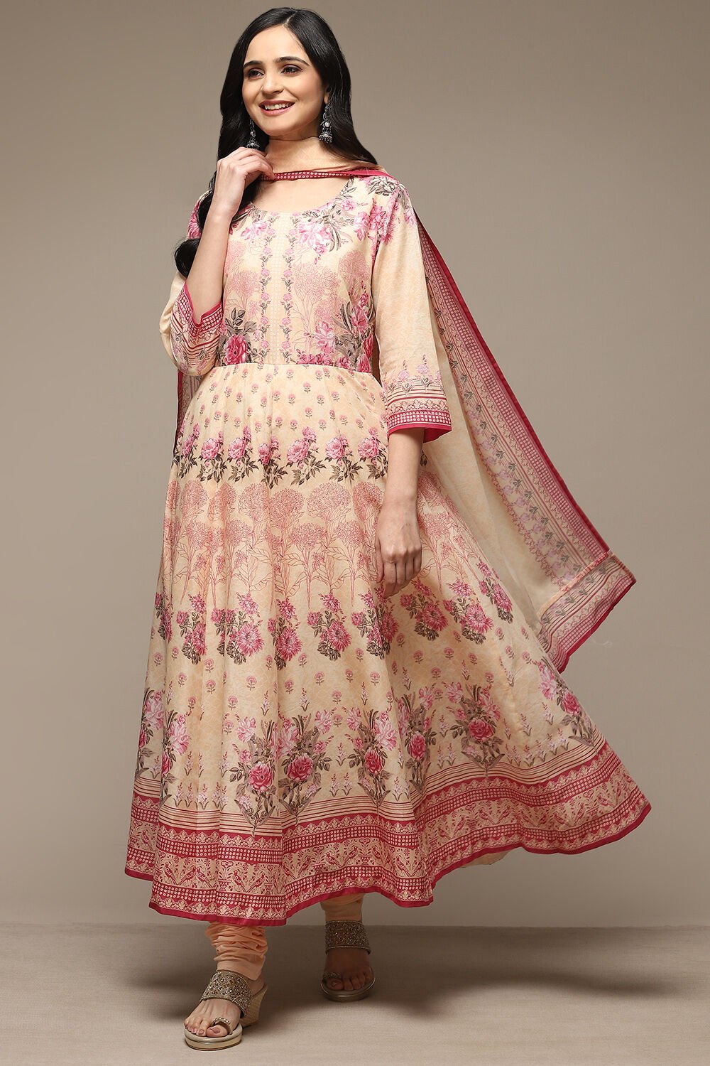 Pink Cotton Anarkali Kurta Churidar Suit Set