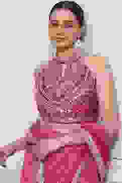 Pink Cotton Blend Printed Saree image number 1