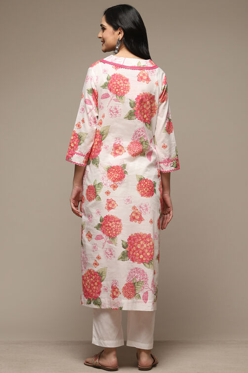 White & Pink Cotton Gathered Kurta Pants Suit Set image number 2