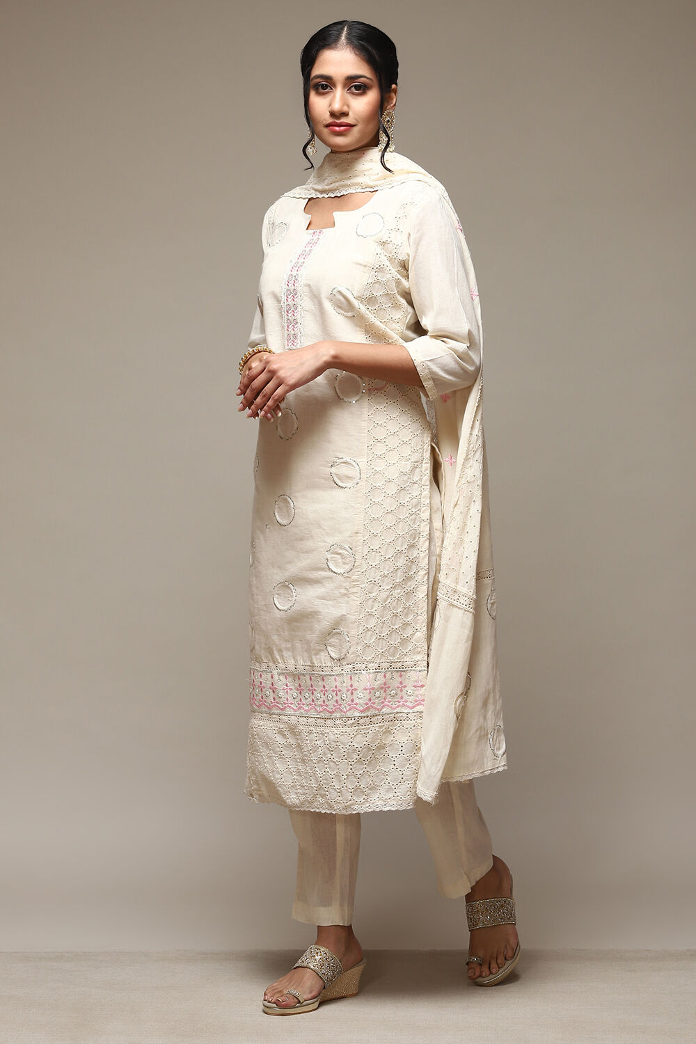 Off White Cotton Schiffly Unstitched Suit Set image number 5