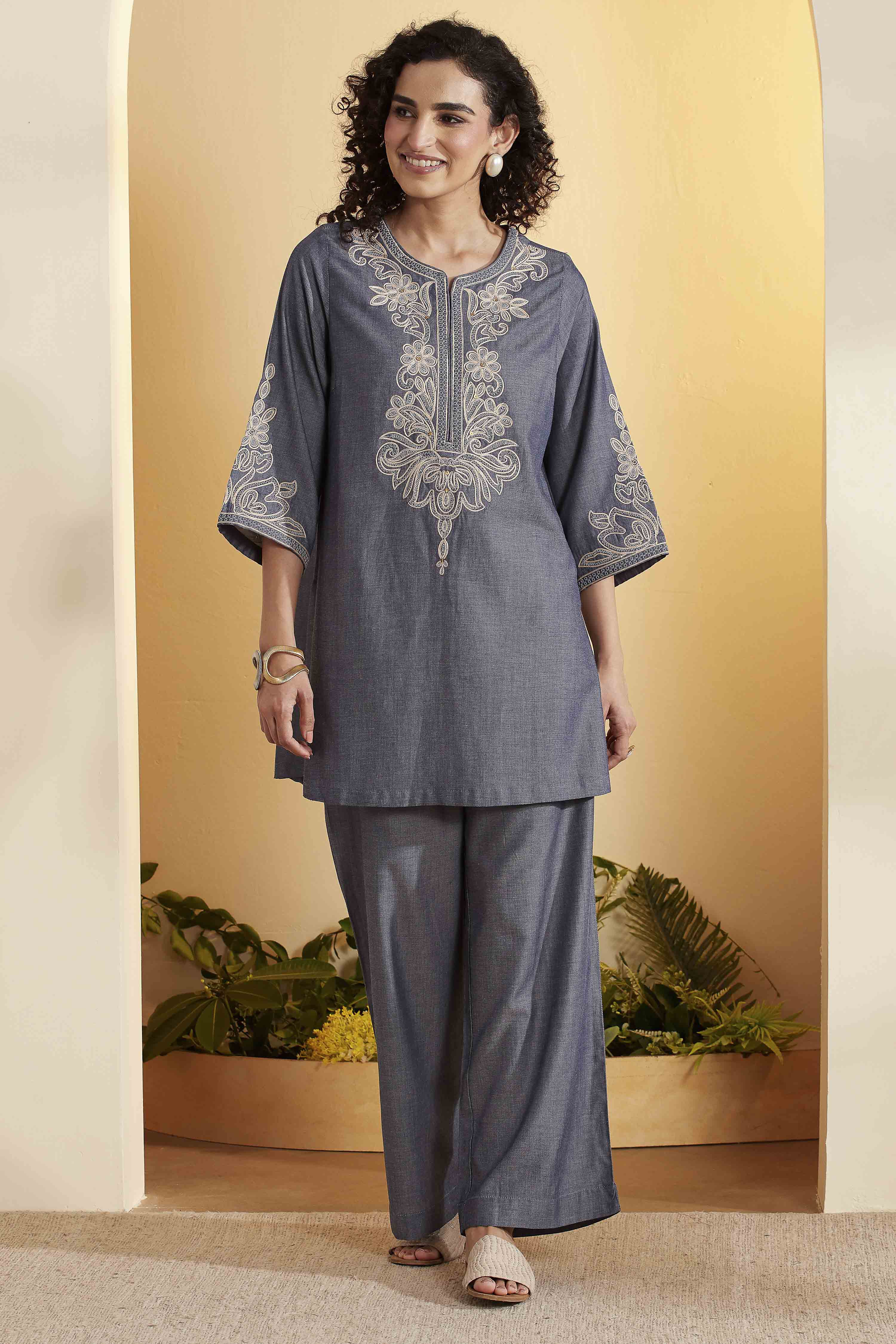 Blue Tencel Straight Suit Set image number 6