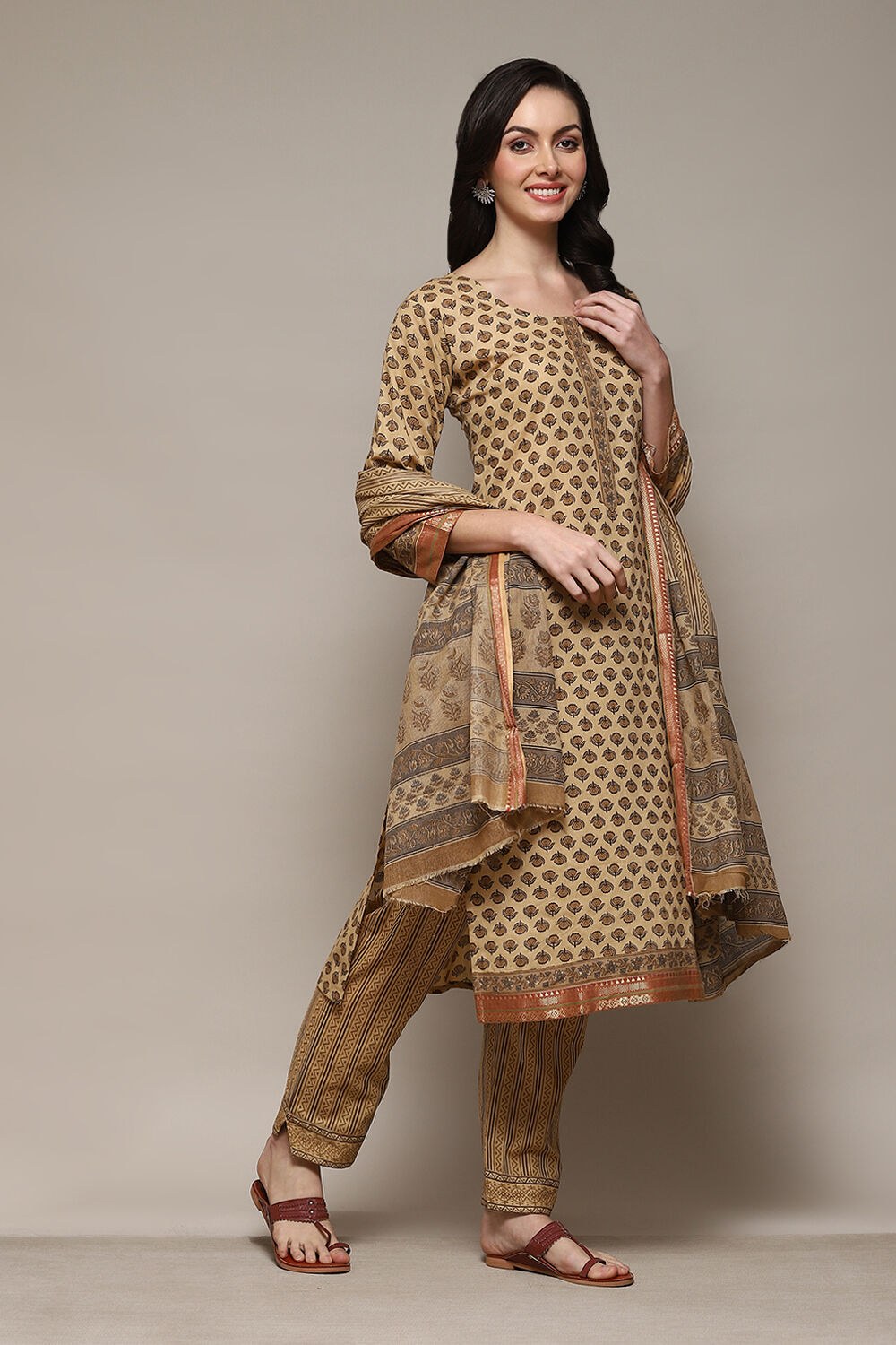 Coffee Brown Cotton Machine Embroidered Unstitched Suit Set image number 7