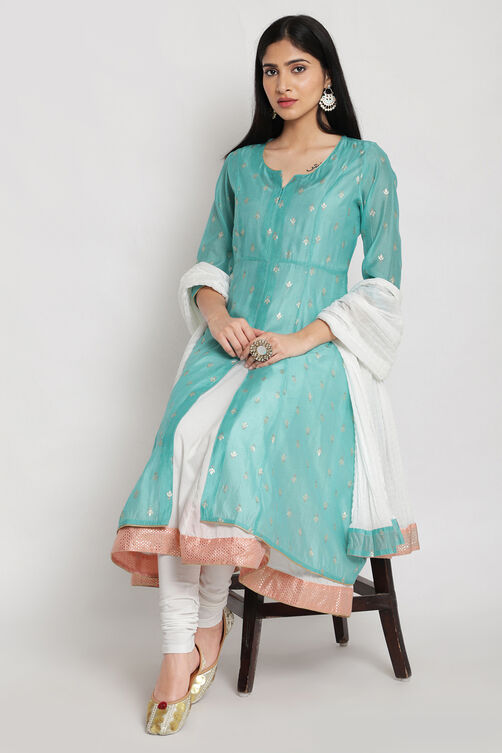 Turquoise Art Silk A-Line Kurta Churidar Suit Set image number 0