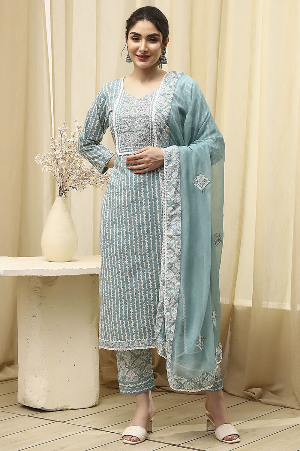 Grey Cotton Printed Unstitched Suit Set image number 7