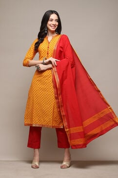 Orange Cotton Handloom Unstitched Suit Set image number 1