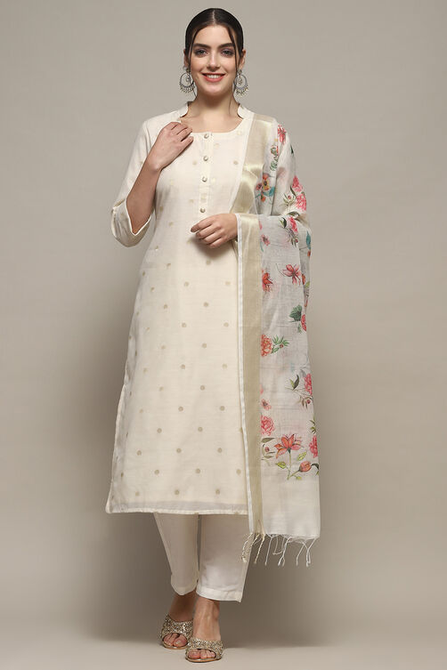 Off White Chanderi Unstitched Suit set image number 8