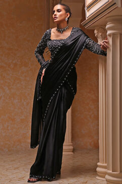 Black Poly Satin Fitted Embroidered Pre-Draped Saree image number 5