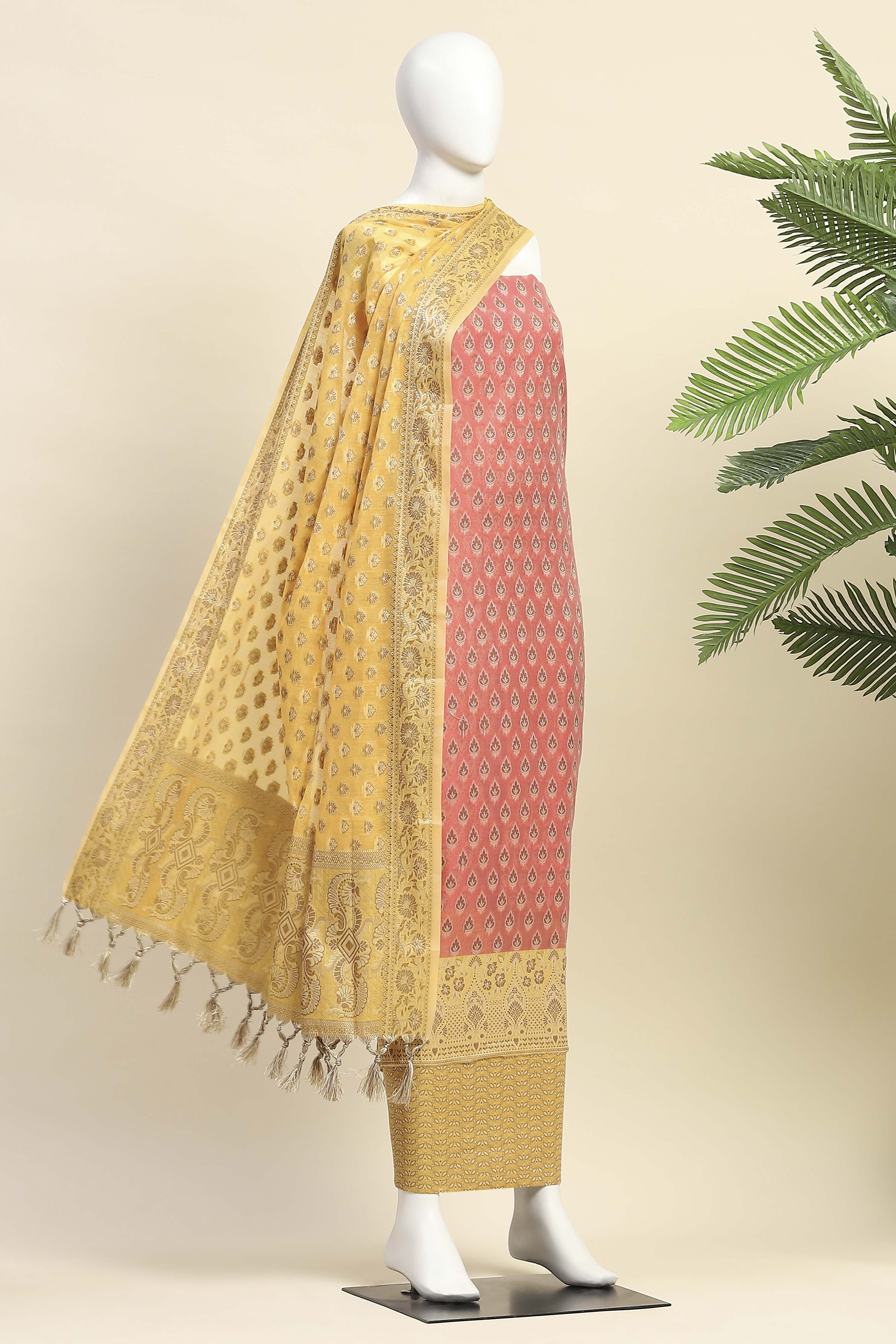 Mehendi Cotton Printed Embroidered Unstitched Suit Set image number 4
