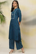 Teal Cotton A-Line Fusion Solid Kurta Set image number 3