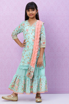 Turquoise Cotton Girls Straight Kurta Sharara Suit Set image number 0