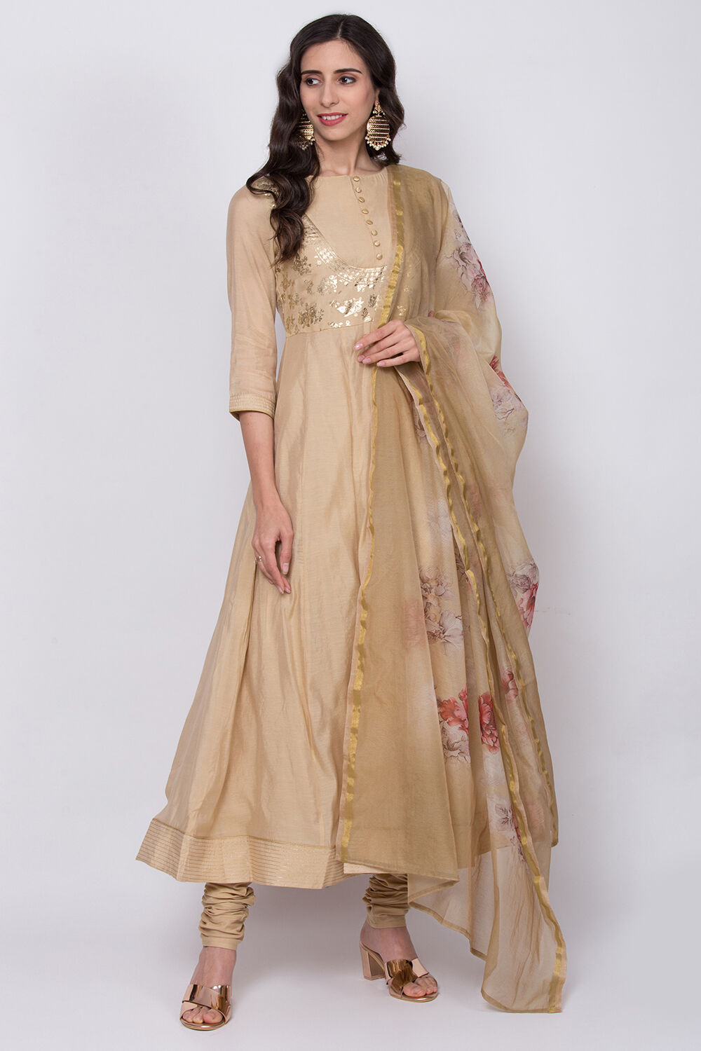 Beige Poly Cotton Anarkali Kurta Churidar Suit Set