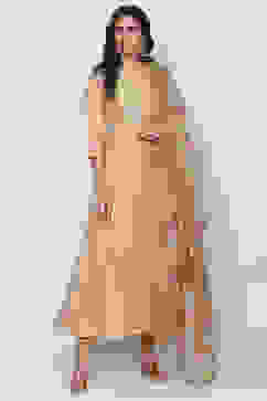 Beige Poly Cotton Anarkali Kurta Churidar Suit Set image number 0