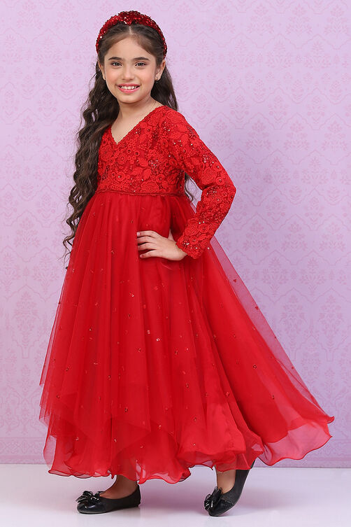 Red Nylon Layered Embroidered Dress image number 2