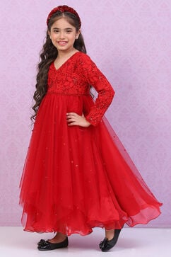 Red Nylon Layered Embroidered Dress image number 2