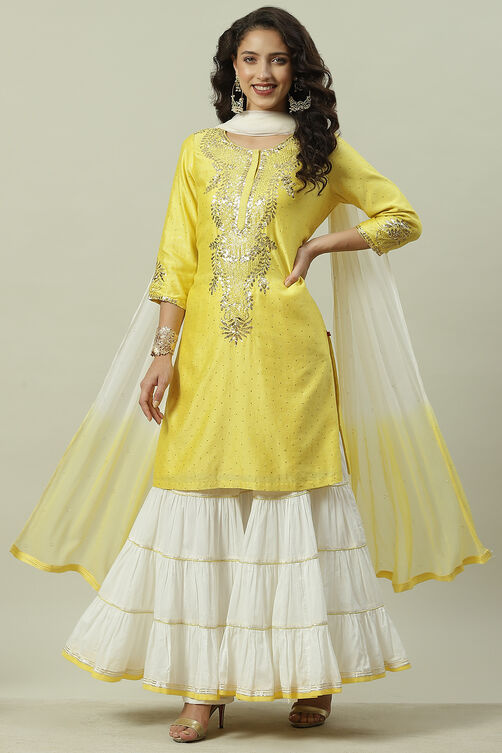 Yellow And White Cotton Silk Straight Kurta Garara Suit Set image number 0