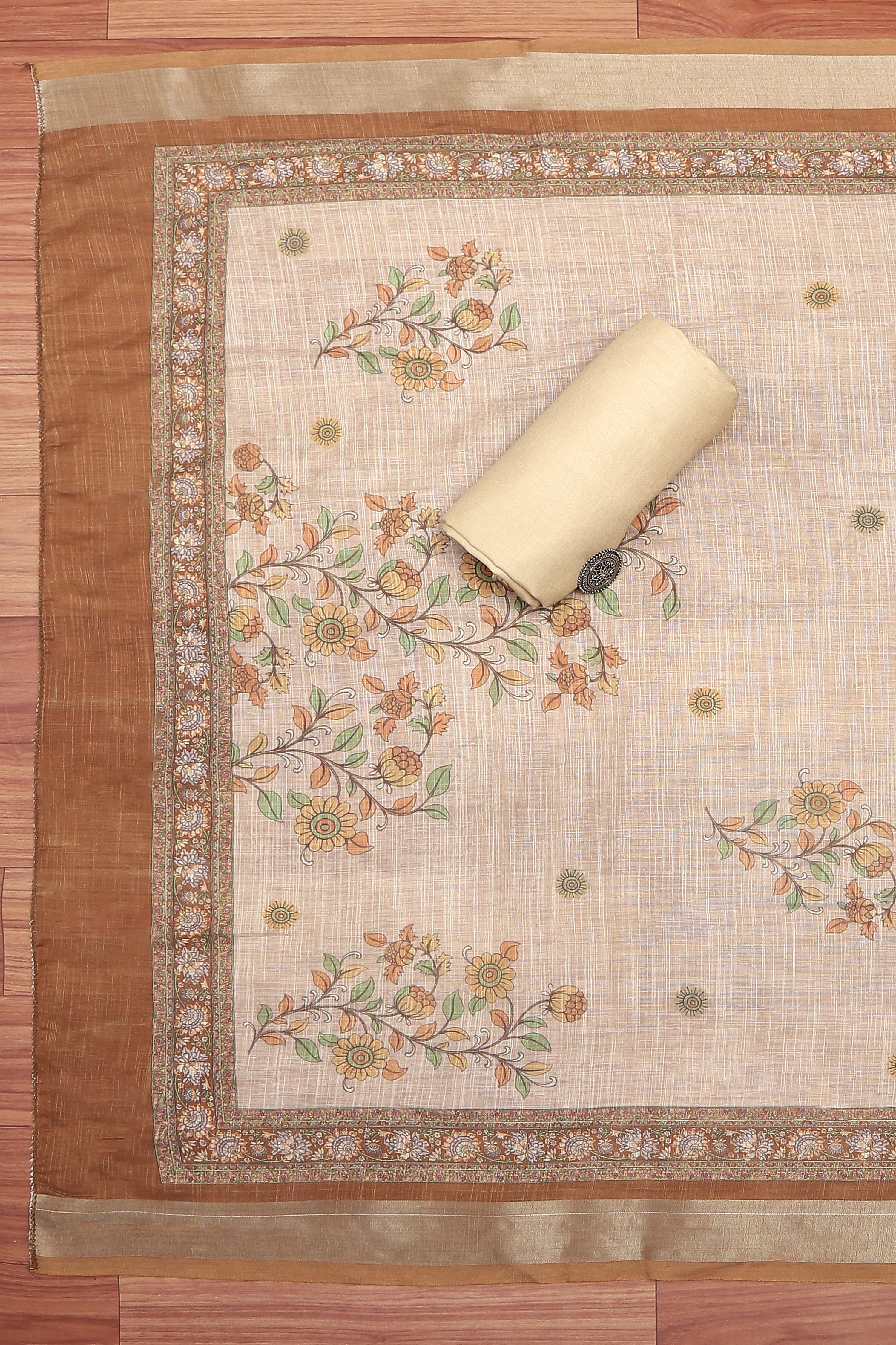 Peach Chanderi  Neck Patti Unstitched Suit Set image number 3