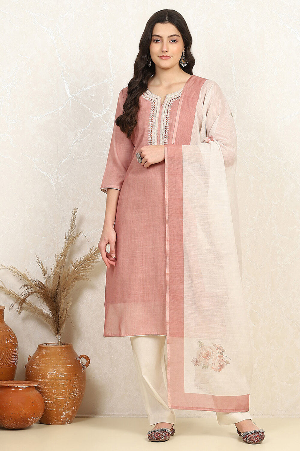 Peach Cotton Unstitched Suit Set image number 7