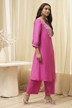 Pink Embroidered Straight Kurta Set image number 5
