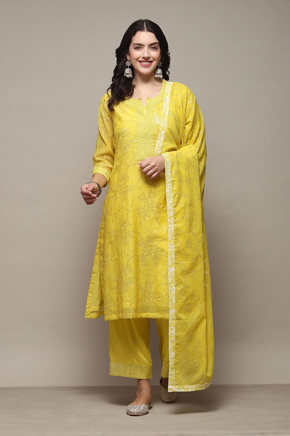Lime Yellow Cotton Silk Straight Kurta Palazzo Suit Set image number 7