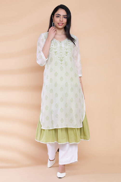 Off White And Green Chikankari Printed Kurta image number 5