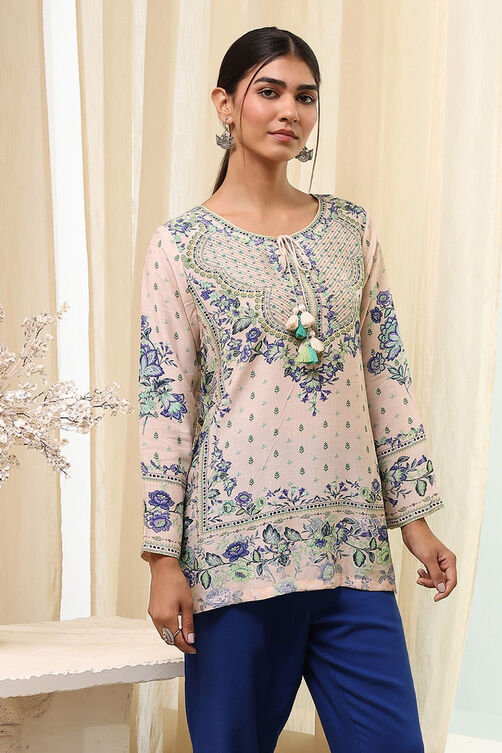 Off-White and Pink Modal Blend Straight Short Kurta image number 4