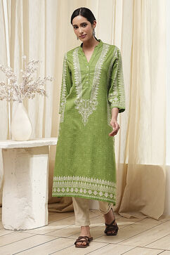 Green Cotton Printed Straight Kurta image number 0