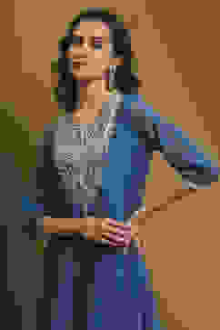 Blue Embroidered Festive Kalidar Suit Set image number 1