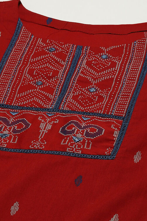 Red Cotton Hand Block Print Unstitched Suit Set image number 2