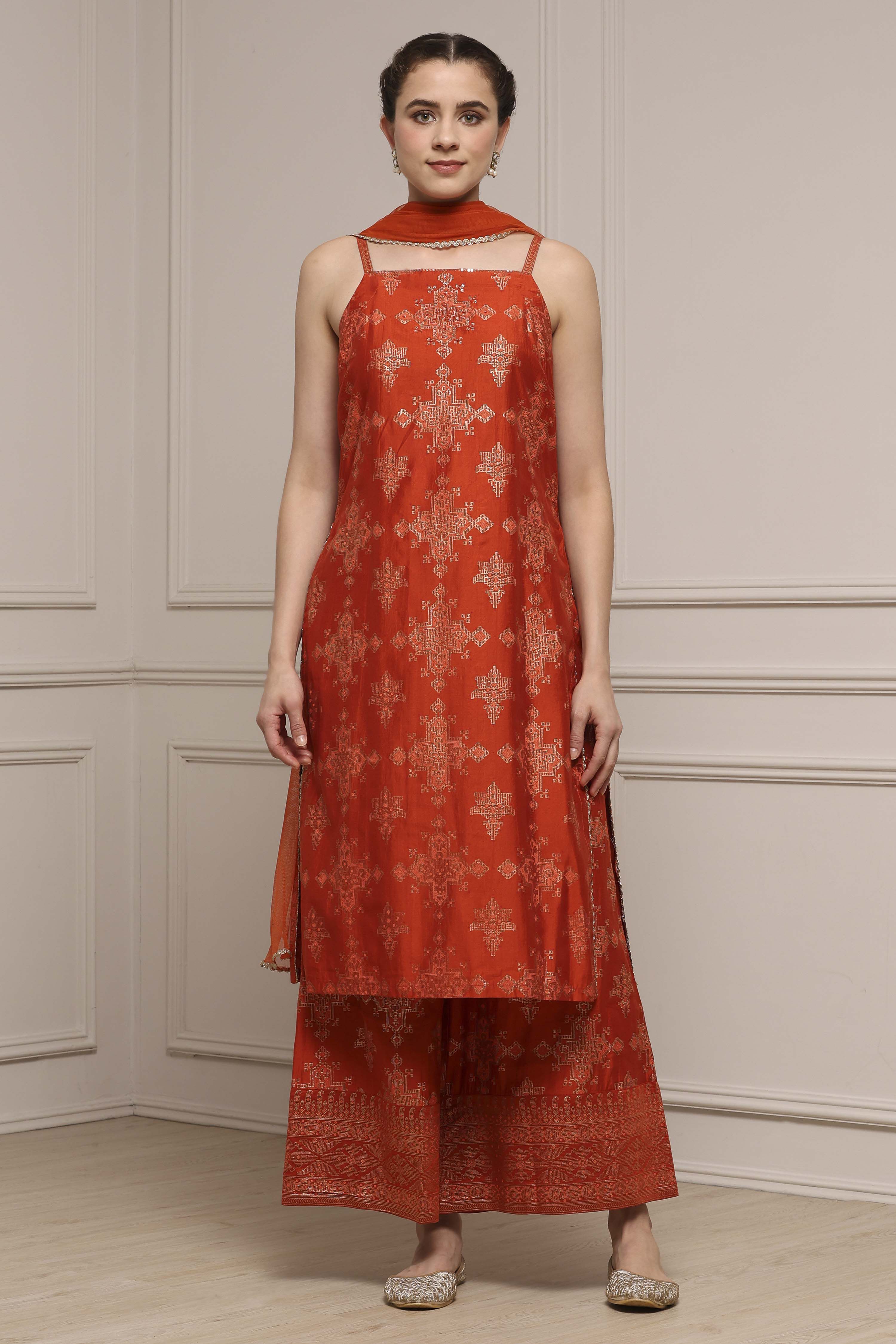 Orange Viscose Blend Straight Printed Suit Set image number 6