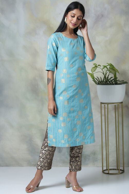 Turquoise Art Silk Cotton Yarndyed Kurta image number 4