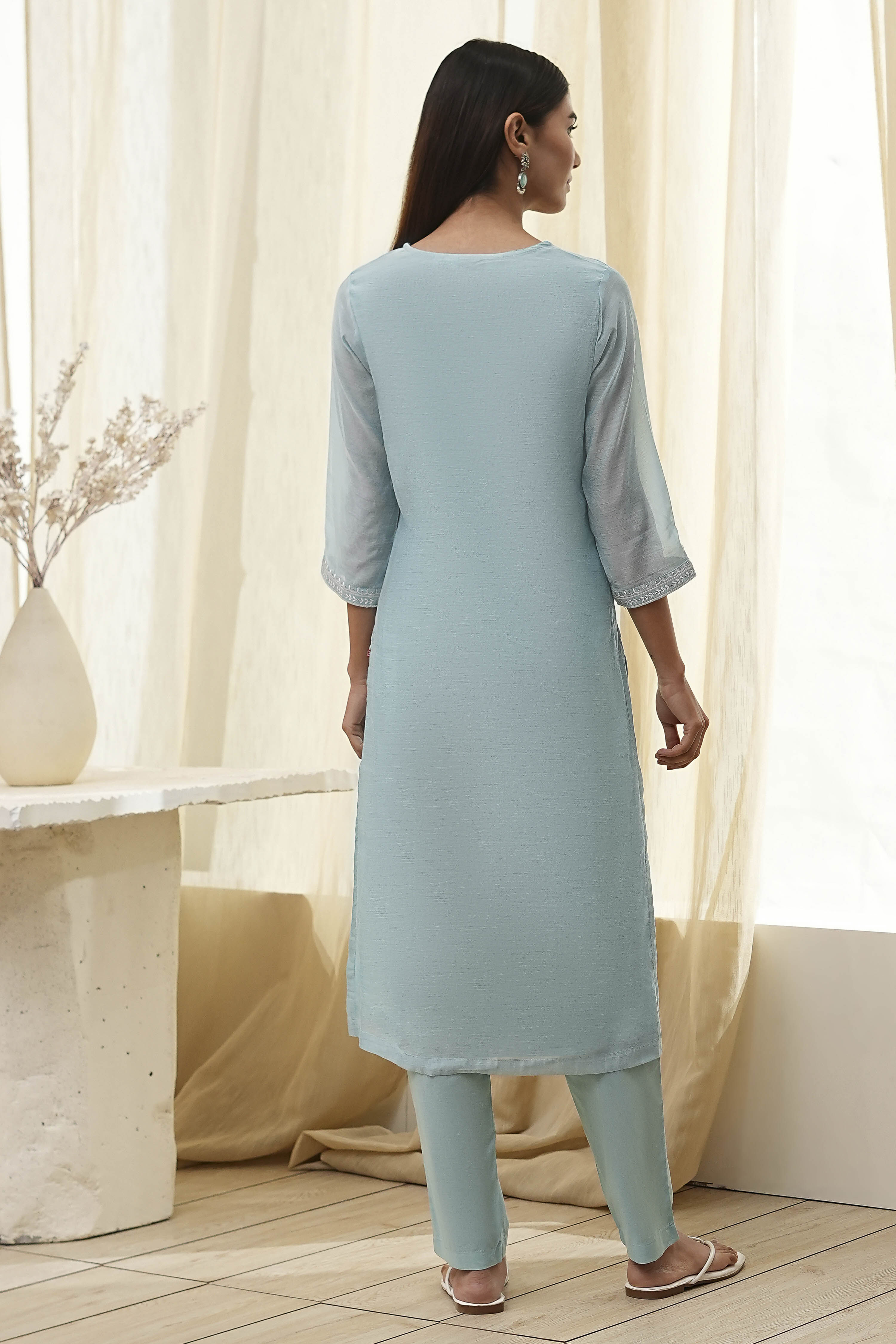 Aqua Embroidered Straight Suit Set image number 4
