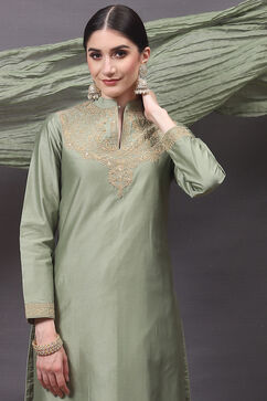 Rohit Bal Jade Green Cotton Silk Straight Embroidered Suit Set image number 7