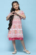 Pink Mosaic Printed Chiffon Dress With Smocking On Yoke image number 0