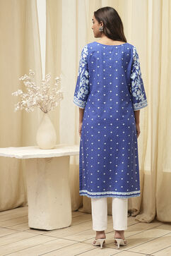 Blue Cotton Printed Straight Kurta image number 3