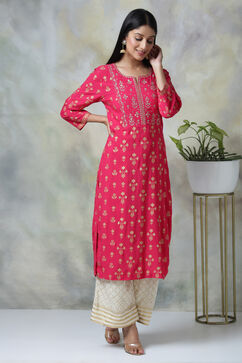 Pink Rayon Straight Kurta Pants Set image number 3