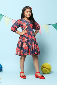 Blue Cotton All Over Print Dress image number 3