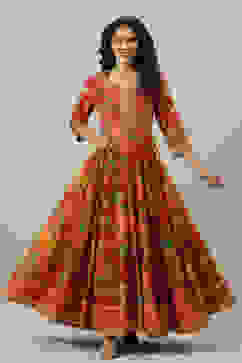 Red Cotton Flared Fusion Printed Dress image number 0